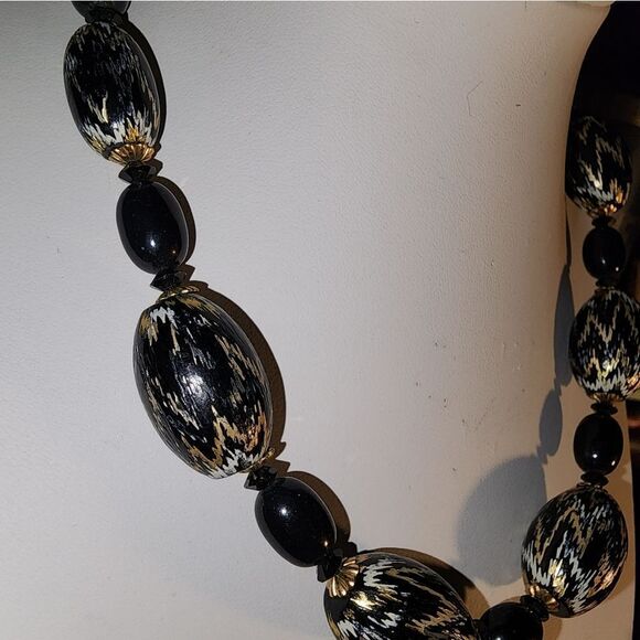 HOBE BLACK GOLD SILVER STREAKED BEAD BARREL SHAPE NECKLACE 14"+3" VTG - Picture 8 of 8